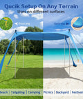 Sun Shield Beach Canopy 11x11 Ft Easy Pop Up Tent With UPF50 Plus Protection shown on grass and sand surfaces