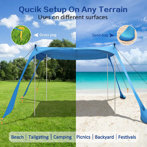 Sun Shield Beach Canopy 11x11 Ft Easy Pop Up Tent With UPF50 Plus Protection shown on grass and sand surfaces