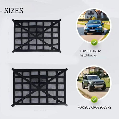 Overhead Roof Handle Storage Net With Reinforced Mesh Adjustable Straps Car Organizer for Sedans and SUVs, two sizes shown