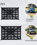 Extra Large Car Ceiling Cargo Net With Reinforced Mesh For Overhead Storage, sizes for sedans and SUVs, shown with vehicles
