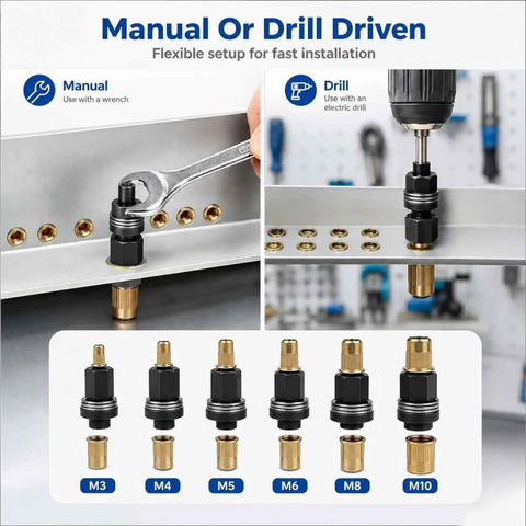 Heavy Duty Carbon Steel Rivet Nut Tool Set With M3 To M10 Metric Mandrels And Assorted Rivnuts Fits Drill For Fast And Reliable Metal Projects On Panels Brackets, manual or drill driven