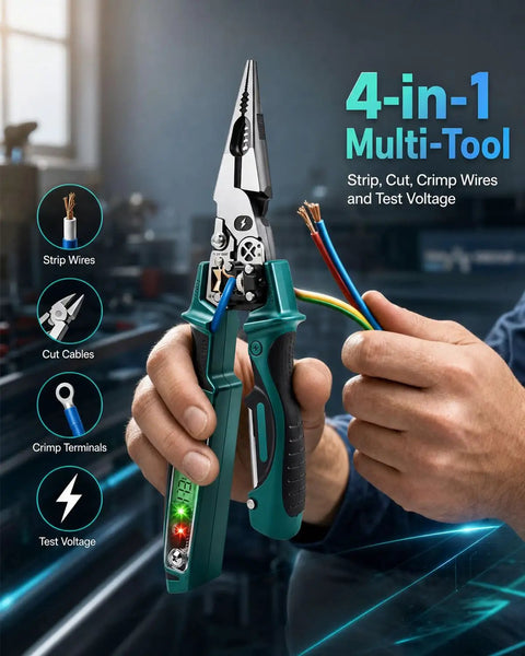 4 In 1 Wire Stripping Pliers With LCD Voltage Display, Heavy Duty Steel Workhorse Multitool For Electricians, Foldable Cable Cutter, Crimping, Cutting And Wire Testing, 12 To 250V 220mm steel and ABS pliers with LCD, held cutting wires