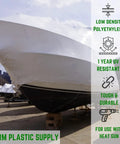 Rock Solid 7 Mil Polyethylene Shrink Wrap Roll For Boat Winter Storage UV Resistant Plastic Sheeting covering a boat on a dock.