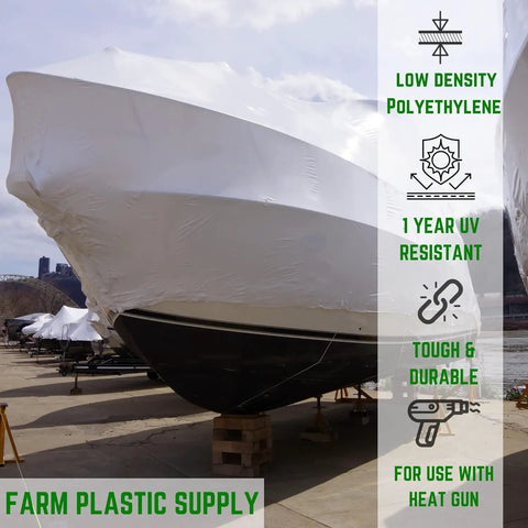 Rock Solid 7 Mil Polyethylene Shrink Wrap Roll For Boat Winter Storage UV Resistant Plastic Sheeting covering a boat on a dock.