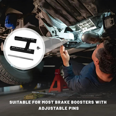 Hella Tight Brake Booster Adjustment Tool With Magnetic Aluminum Body And Adjustable Pin For Master Cylinder Push Rod Length Gauge used by mechanic under vehicle
