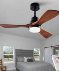 Lit 42 Inch Black Ceiling Fan With Remote And Lights Dimmable LED Quiet Reversible DC Motor in a modern bedroom setting