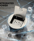 Top Shelf Recessed Floor Outlet With Six Hole Stainless Steel Round Hidden Electrical Box And Splash Proof Cover For Zero Hassle 20 Amp Power In Homes Offices And Commercial Spaces with opened lid showing sockets.