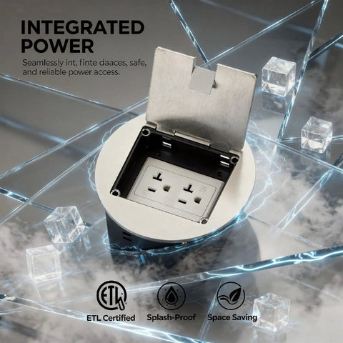 Top Shelf Recessed Floor Outlet With Six Hole Stainless Steel Round Hidden Electrical Box And Splash Proof Cover For Zero Hassle 20 Amp Power In Homes Offices And Commercial Spaces with opened lid showing sockets.