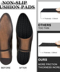 Comparison of leather shoe with and without 10 Pcs No Slip Shoe Sole Grip Pads Self Adhesive Rubber Traction Sheets For Leather And Smooth Soles Boost Dry Floor Traction On Dress Shoes And Boots Black 3.1 By 5.1 Inches For Men And Women; close-up thickness view