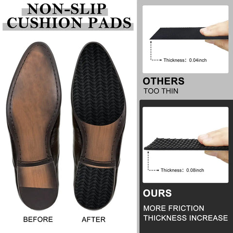 Comparison of leather shoe with and without 10 Pcs No Slip Shoe Sole Grip Pads Self Adhesive Rubber Traction Sheets For Leather And Smooth Soles Boost Dry Floor Traction On Dress Shoes And Boots Black 3.1 By 5.1 Inches For Men And Women; close-up thickness view