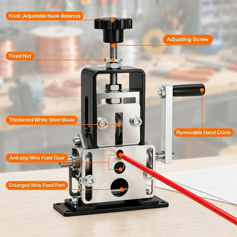 Close-up of Knockout Performance Wire Stripper Machine For Scrap Copper features, including hand crank, adjustable knob, and blade.
