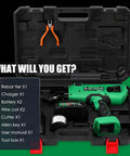 Heavy Duty Cordless Rebar Tying Gun With Auto Wire Feeding For Rapid Steel Tie Work includes charger, batteries, cutter in toolbox.