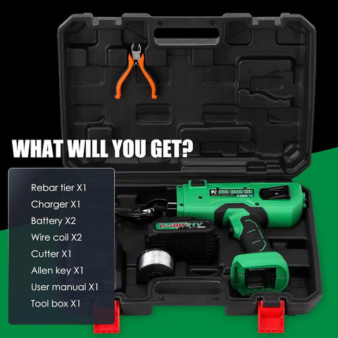 Heavy Duty Cordless Rebar Tying Gun With Auto Wire Feeding For Rapid Steel Tie Work includes charger, batteries, cutter in toolbox.