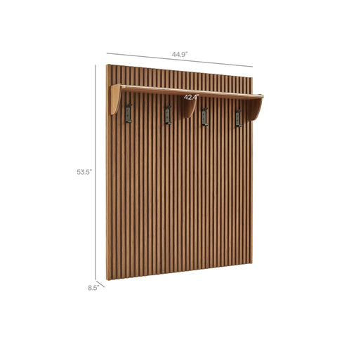 Mid Century Modern Fluted Walnut Wall Mount Coat Rack Panel With Roomy Shelf And Hella Sturdy Hooks For Entryway Hallway Mudroom with dimensions.