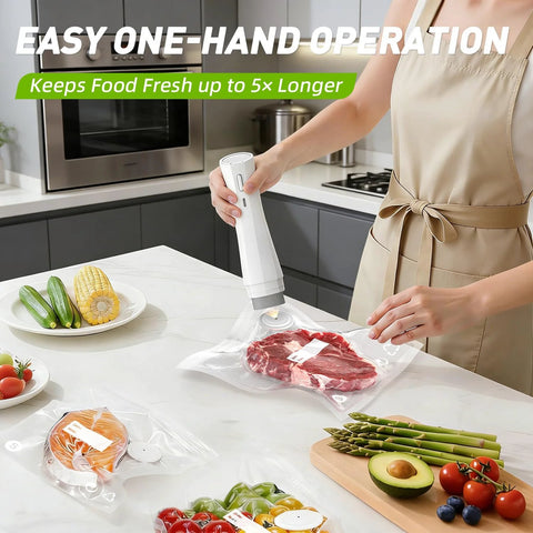 Handheld vacuum sealer, white cordless, sealing raw steak in a vacuum bag on kitchen counter