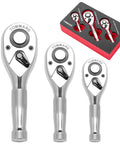 Three chrome TOMMARS stubby ratchet handles (1/4, 3/8, 1/2 in drives) with knurled grips and quick-release in box.