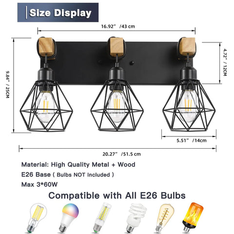 Three Light Farmhouse Vanity Light Fixtures With Wood Accents And Rustic Metal Lampshades For Over The Mirror In Bathroom Or Hallway, size display