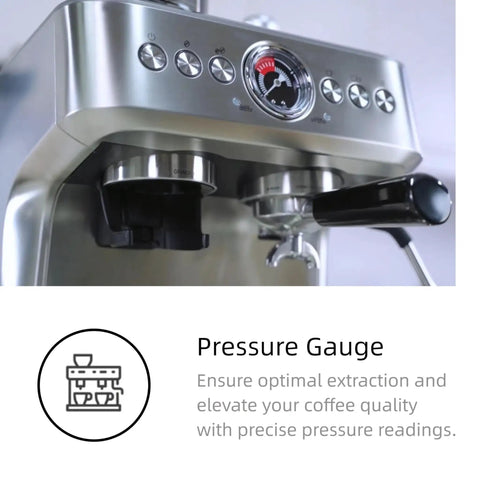 Top Shelf 20 Bar Semi Automatic Espresso Machine With Precision Burr Grinder And Adjustable Grind Size For Knockout Crema And Straight Fire Lattes Featuring Pid Temp Control 2.8 Liter Tank And Steam Wand close-up of pressure gauge and controls.