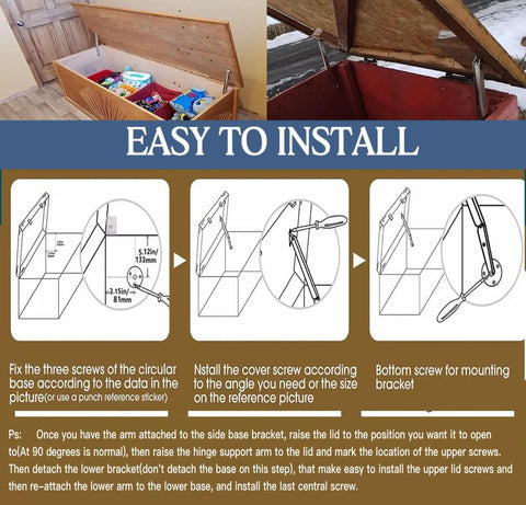 Diagram showing installation of Heavy Duty 250N Soft Close Lid Support Hinges for wood chests and toy boxes