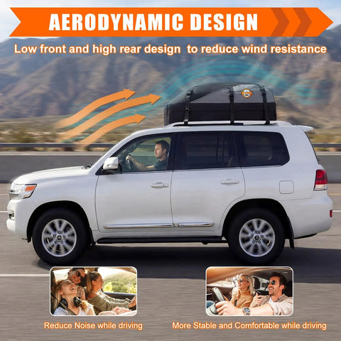 Car with aerodynamic 20 Cubic Feet Rooftop Cargo Bag With 51 Long By 39 Wide By 17 High Dimensions showing wind resistance reduction