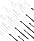 10 Piece Hair Extension Loop Needle Threader Kit With Pulling Hook Tool And Bead Device For Easy Feather And Hair Extensions, Black For Salon And DIY Use, Anti Slip Handle And Durable Metal Needle, Quick Bead Threading. Black metal loop needles arranged diagonally