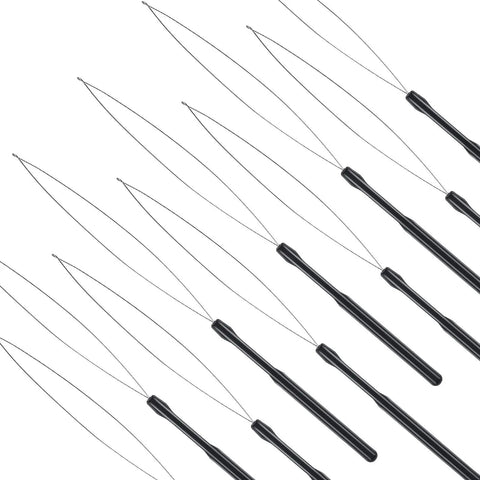 10 Piece Hair Extension Loop Needle Threader Kit With Pulling Hook Tool And Bead Device For Easy Feather And Hair Extensions, Black For Salon And DIY Use, Anti Slip Handle And Durable Metal Needle, Quick Bead Threading. Black metal loop needles arranged diagonally