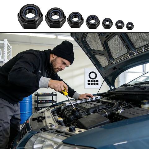 Heavy Duty M4 Nylon Insert Lock Nuts 150 Piece Assortment Black Metric Nylock Hex Bolts with mechanic working on engine