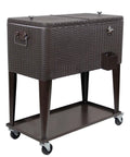 80 Quart Rolling Cooler Ice Chest Cart For Outdoor Parties And Backyard Barbecues Dark Brown Wicker Faux Rattan Tub Trolley With Wheels Shelf And Bottle Opener Portable Beverage Station For Patio And Deck