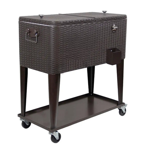80 Quart Rolling Cooler Ice Chest Cart For Outdoor Parties And Backyard Barbecues Dark Brown Wicker Faux Rattan Tub Trolley With Wheels Shelf And Bottle Opener Portable Beverage Station For Patio And Deck
