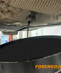 Two Pack 19.7 Inch Oil Drain Pan Splash Pads for oil changes under vehicle, showing heavy duty filter sponge mat absorbing oil.