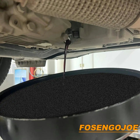 Two Pack 19.7 Inch Oil Drain Pan Splash Pads for oil changes under vehicle, showing heavy duty filter sponge mat absorbing oil.