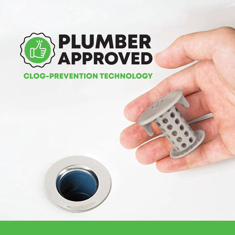 Hand holding Inside Sink Drain Protector Hair Catcher And Strainer That Fits In The Drain, gray, next to sink drain.