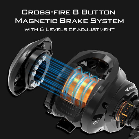 Zephyr BFS Baitcasting Reel Drag Clicker Version with cross-fire 8 button magnetic brake system, 6 adjustment levels visible