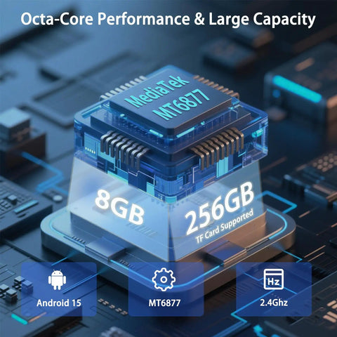 Close-up of MediaTek MT6877 octa-core processor with 8GB RAM and 256GB storage for Kickass 8 Inch Rugged Tablet.