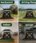 Backyard Golf Practice Net Kit 10x7ft With 3in1 Turf Mat shown in backyard, driving range, indoor, and garage settings.