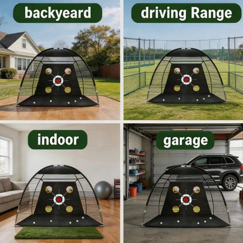 Backyard Golf Practice Net Kit 10x7ft With 3in1 Turf Mat shown in backyard, driving range, indoor, and garage settings.