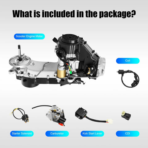 Plug And Play 150CC Long Case GY6 Scooter Engine Motor Kit showcasing engine, coil, carburetor, starter solenoid, and kickstart lever.