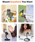 Flexible Gooseneck MagSafe Phone Holder for iPhone Long Arm Gym Mount used on shopping cart, stroller, desk, and with selfie.