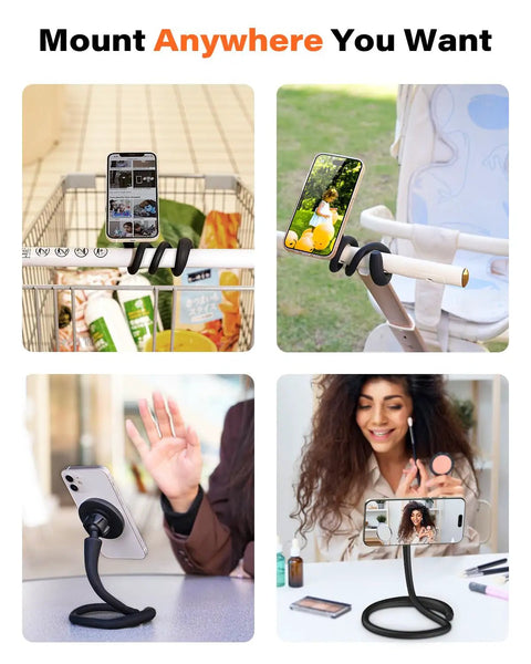Flexible Gooseneck MagSafe Phone Holder for iPhone Long Arm Gym Mount used on shopping cart, stroller, desk, and with selfie.