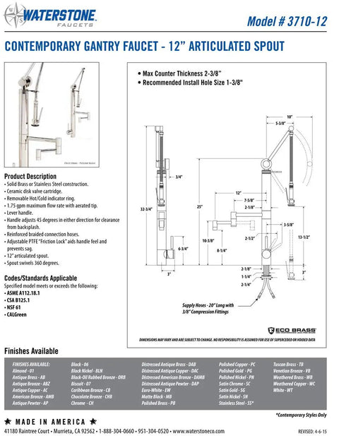 Smooth Operator Gantry Pulldown Kitchen Faucet With A Slick 12 Inch Fully Articulated Spout and specifications diagram.