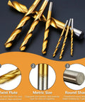Top Shelf 8 Piece Metric HSS Drill Bit Set For Wood And Plastic With Heavy Duty Yellow Index Case 3mm To 10mm showing twist flutes and round shank.