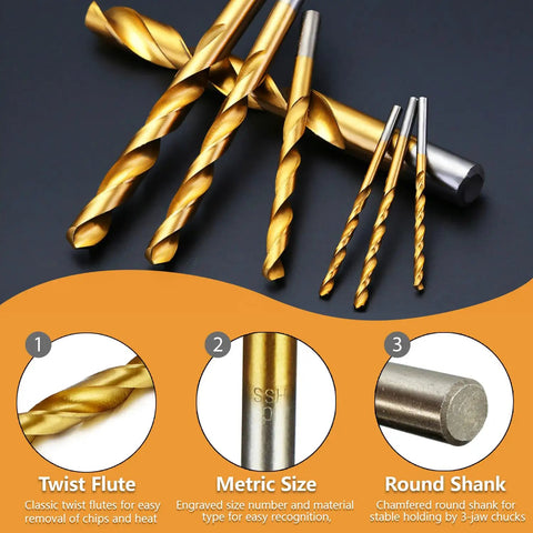 Top Shelf 8 Piece Metric HSS Drill Bit Set For Wood And Plastic With Heavy Duty Yellow Index Case 3mm To 10mm showing twist flutes and round shank.