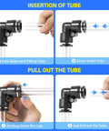 Push To Connect Fittings Kit Pack Of 58 with insertion and removal of tube into black elbow fittings for air tubing setup demonstration