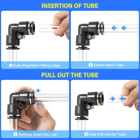 Push To Connect Fittings Kit Pack Of 58 with insertion and removal of tube into black elbow fittings for air tubing setup demonstration