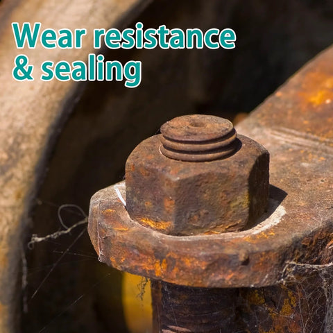 Rusty hex bolt with washer and nut on corroded metal surface (front view)