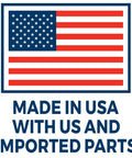 American flag with text 'Made in USA with US and imported parts' printed below for Duramax Flo N Go 14 Gallon Gas Caddy On Wheels With 10 Foot Hose And Portable Fuel Tank Transfer Pump For Lawn Mowers Farm Marine And Home Use Gasoline Only Red 2024 Version