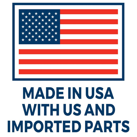 American flag with text 'Made in USA with US and imported parts' printed below for Duramax Flo N Go 14 Gallon Gas Caddy On Wheels With 10 Foot Hose And Portable Fuel Tank Transfer Pump For Lawn Mowers Farm Marine And Home Use Gasoline Only Red 2024 Version