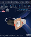 Top Shelf 2 Inch Led Recessed Lights 12 Pack, Deep Regressed Canless Downlights with interchangeable copper trim and white spotlight.