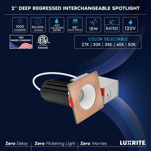Top Shelf 2 Inch Led Recessed Lights 12 Pack, Deep Regressed Canless Downlights with interchangeable copper trim and white spotlight.