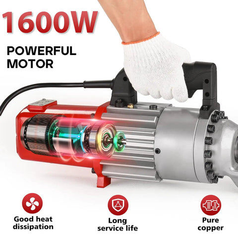Centall 1 Inch Electric Hydraulic Rebar Cutter RC25 Red Fast Cutting Tool With Powerful Four-Plunger Pump Body For Rapid Rebar Slicing Up To Two To Three Seconds Per Cut Boosting Work Efficiency And Handling Heavy Duty Construction Demands, showcasing 1600W powerful motor.
